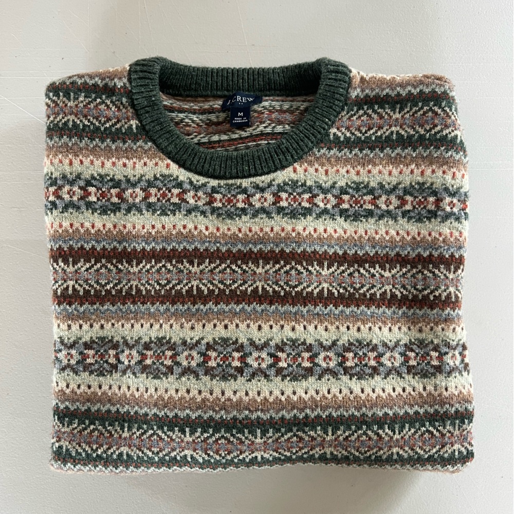 J. Crew Lambswool Blend Crewneck Sweater in Green Fair Isle
